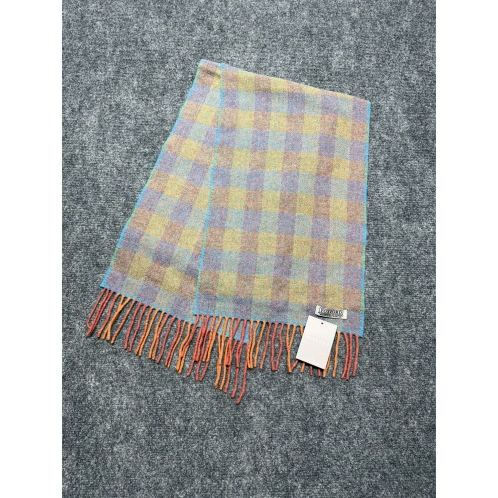Foxford Ireland 100% Lambswool Scarf Orange Blue Herringbone Fringe NWT